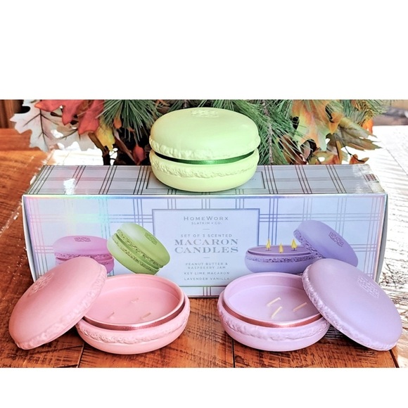 Homeworx,NIB Macaron scented Candle set of 3, 3 wick Scent PBJ,Lavender,Key Lime - Picture 1 of 4